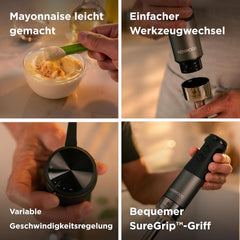 Kenwood Triblade XL Pro Stabmixer HBM80.322BK, 1200W, velocità variabile, Edelstahl(Pürierfuß), Schneebesen, Emulgieraufsatz, 500Ml Zerkleiner, 700 & 250Ml Becher, Spülmaschinenfeste Teile Bucatarie Naty Shop