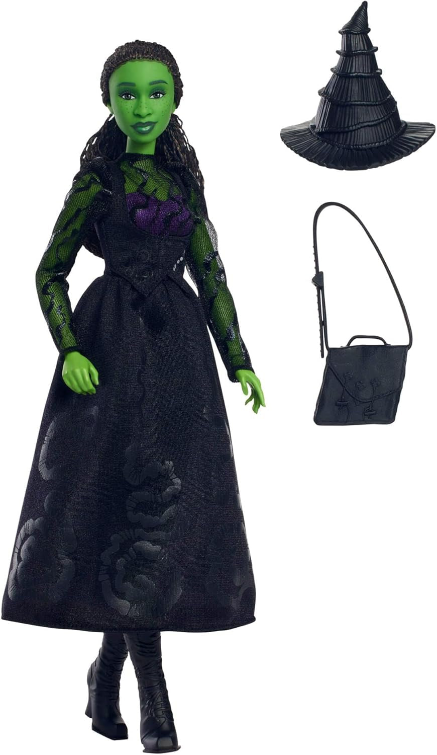 Mattel Wicked Elphaba, bambola alla moda con accessori, pelle verde, capelli intrecciati neri, varie pose possibili e abito da ballo allungabile, HXT62, [Multicolore] Naty Shop Dolls