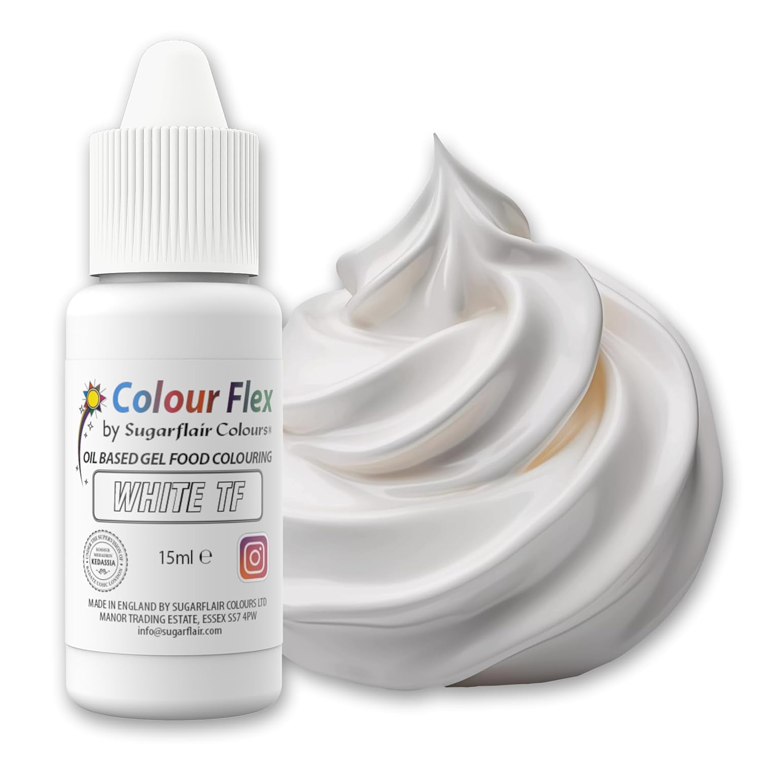 Colorant alimentar pe bază de ulei Sugarflair Colourflex alb, colorant alimentar lichid foarte concentrat, colorant alimentar pentru cremă de unt, ciocolată, aluat, fondant, glazură și multe altele - 15 ml