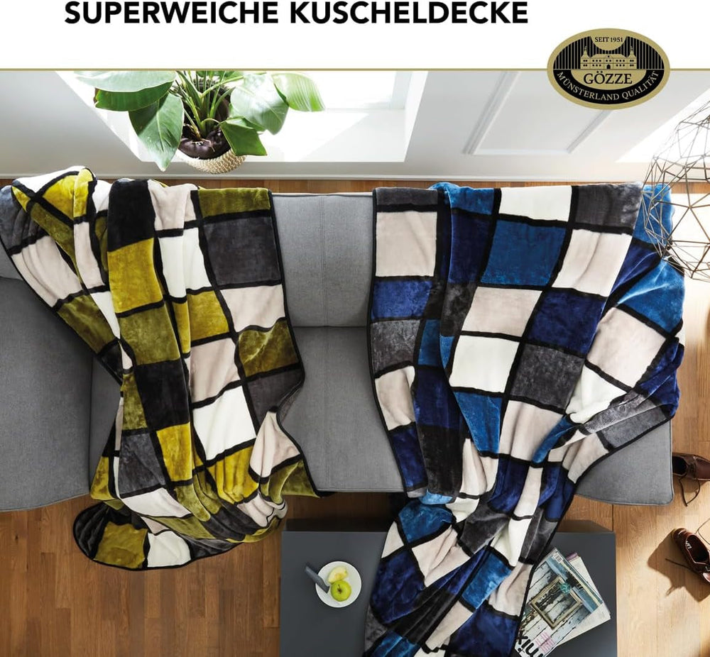 Gözze - Coperta morbida e confortevole, sensazione cashmere, peso tessuto pesante 500 G/M², Antigua, 150 X 200 Cm - Senape/Nero/Bianco Letti e coperte Besuche den Gözze-Store