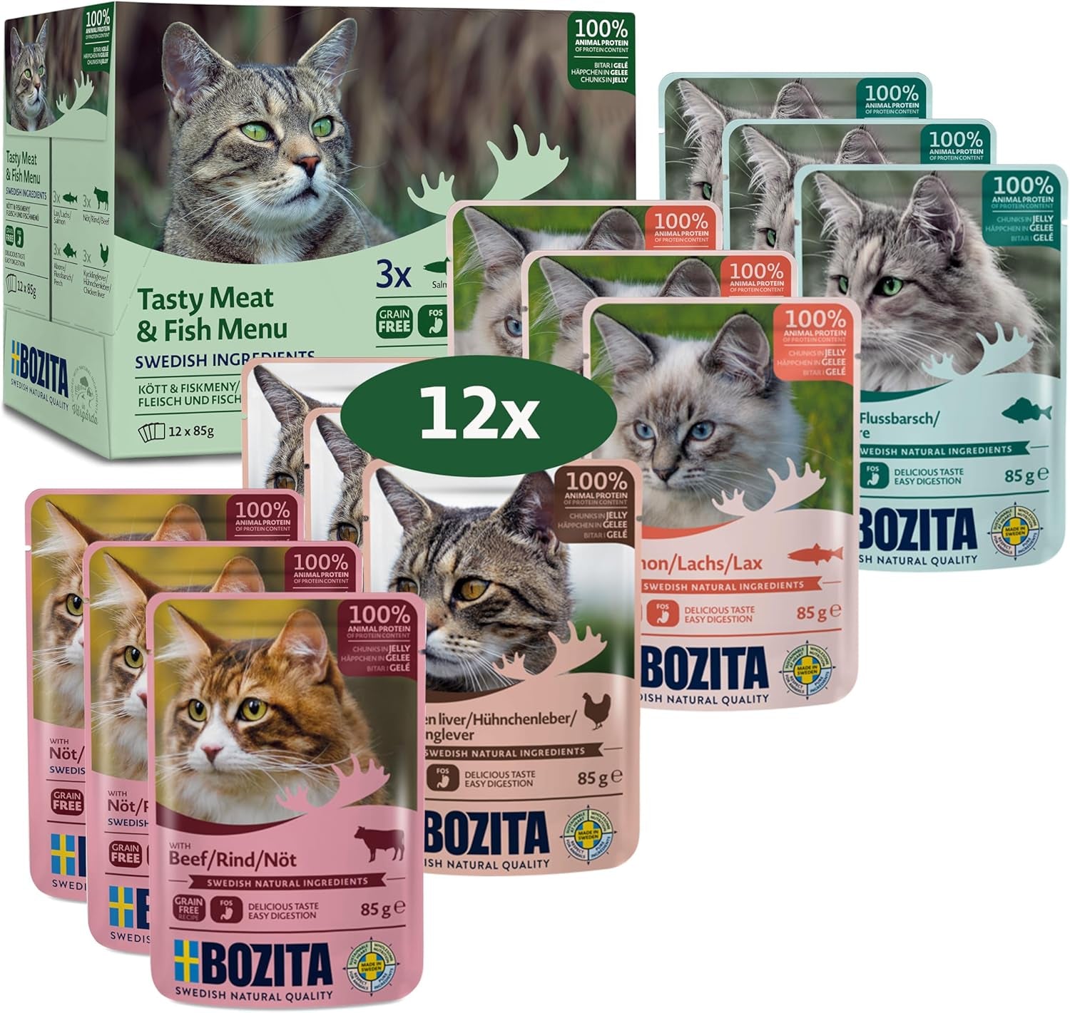 Bozita Bucăți de hrană umedă în jeleu cu pește și carne - 12 pliculețe x 85g, hrană fără cereale și grâu pentru pisici - Hrană umedă pentru pisici adulte cu 8,5% proteine și 4,5% grăsimi