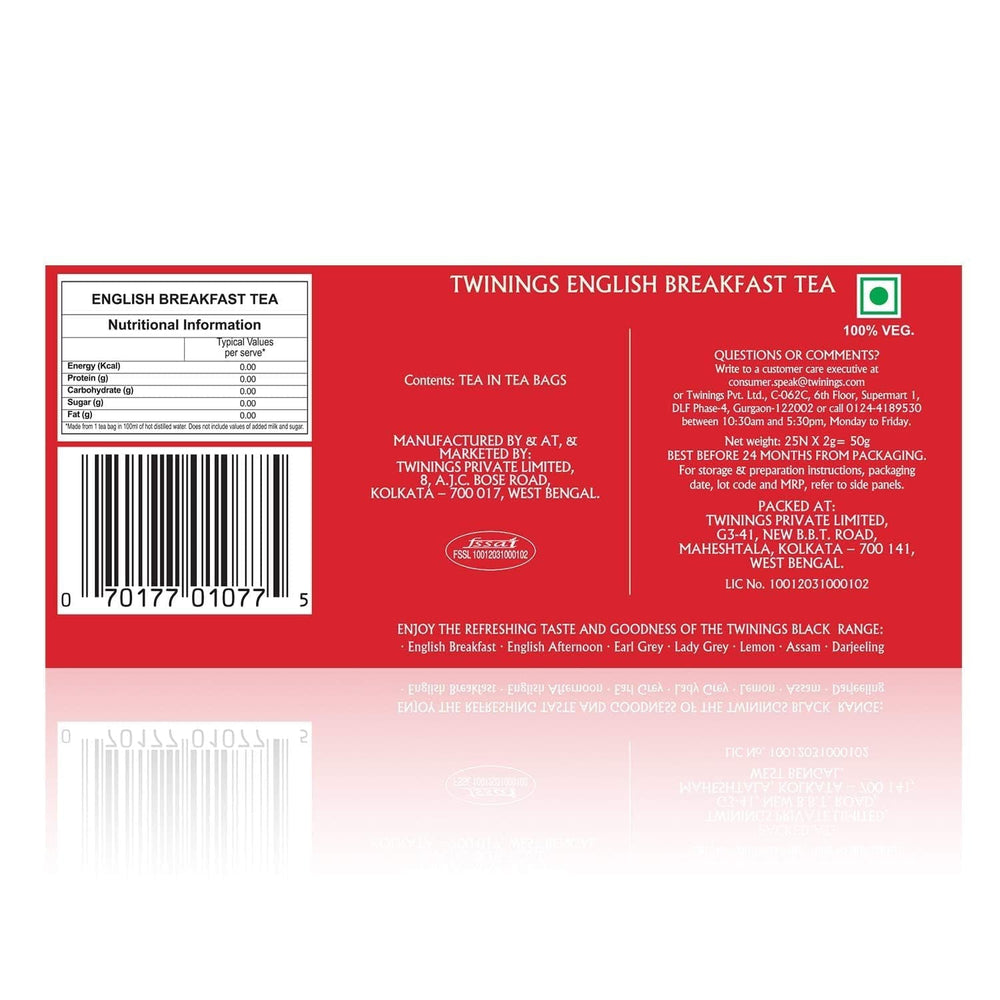 Twinings English Breakfast Ceai negru 50 g, 25 pliculețe de ceai, ceai negru plin, rotund și puternic din cele mai bune plantații de ceai din Sri Lanka și India. Ceai negru Pachet de 1 (1 x 50 g)