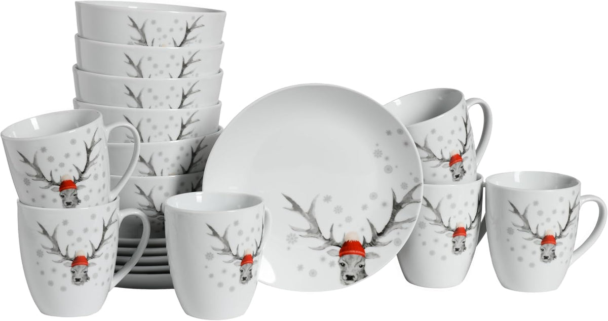 CreaTable, 21498, seria Luna Hirsch, set de veselă cu 18 piese pentru 6 persoane, set de mic dejun din porțelan, potrivit pentru mașina de spălat vase și cuptorul cu microunde, producție de calitate