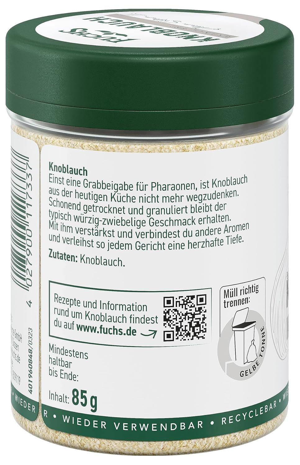 Fuchs Gewürze - Aglio granulato - würzig-zwiebliger Geschmack für Tzatziki, Knoblauchbutter oder Gemüsegerichte - ingredienti naturali - 85 g in wiederverwendbarer, recyclebarer Dose