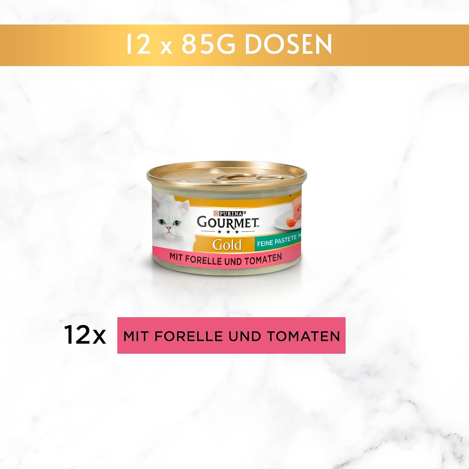 Pate fin Gourmet Gold cu legume, hrană umedă pentru pisici cu păstrăv și roșii, pachet de 12 (12 x 85g)