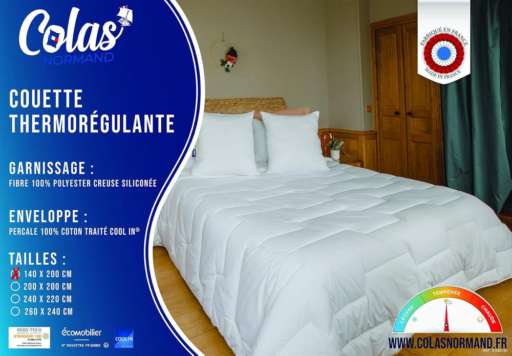 COLAS NORMAND Trapunta Termoregolante, Cool In, Temperato, 140 X 200 Cm, Sudore, Ventilazione Ottimale, 100% percalle, Fresh Feel, Francese, 53130255, Trapunte e Piumini Bianchi Naty Shop