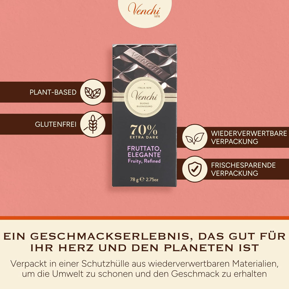 Venchi - Cioccolato fondente 70%, 78 g - Con miscele di cacao selezionate - Senza glutine - Vegan