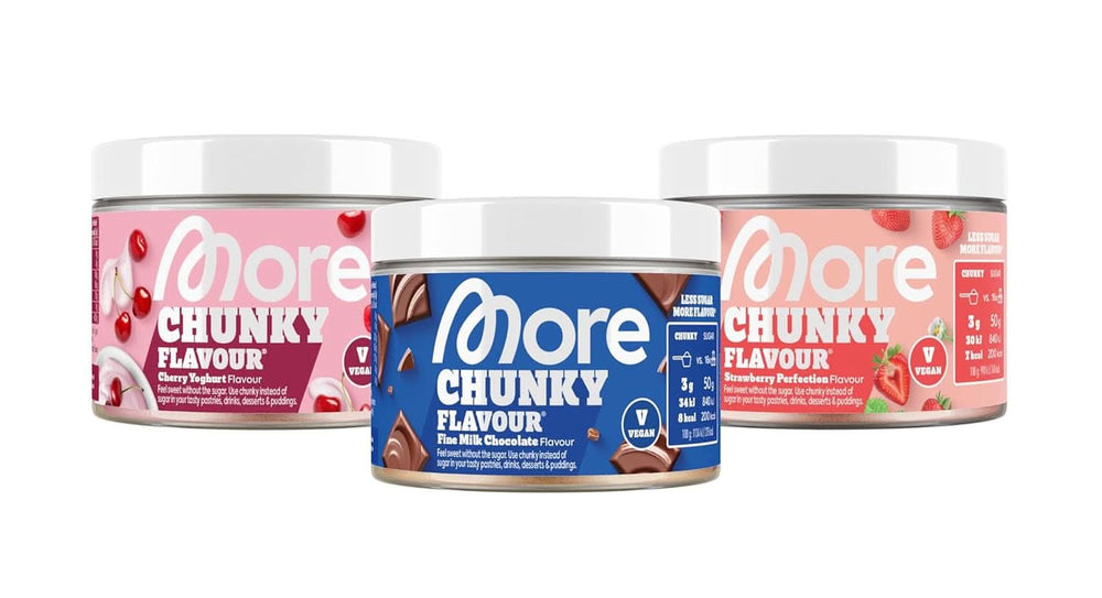 MORE Chunky Flavour, Blueberry Cheesecake, Pudră aromatizantă pentru îndulcire cu inulină și lactază, 150 grame Indulcitori Naty Shop 150 G (3Er Pack) Mixed (Fine Milk Chocolate, Strawberry Perfection, Cherry Yoghurt)