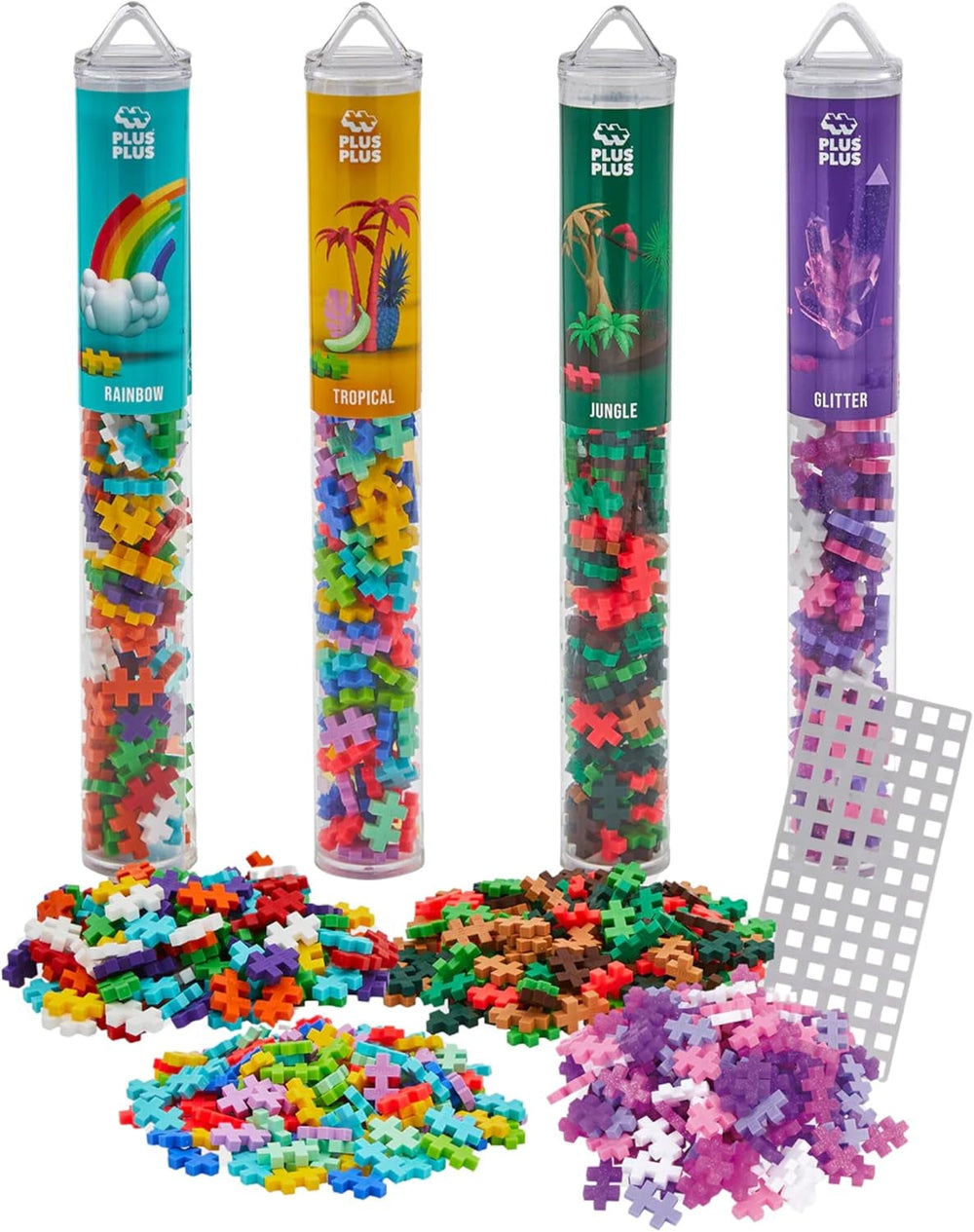 Plus-Plus 7265 Geniales Konstruktionsspielzeug, Farben-Mix, Bundle aus 4 verschiedenen Kreativ-Bausteine Tubes inkl. Bauplatte, 400 Teile, Mischfarben