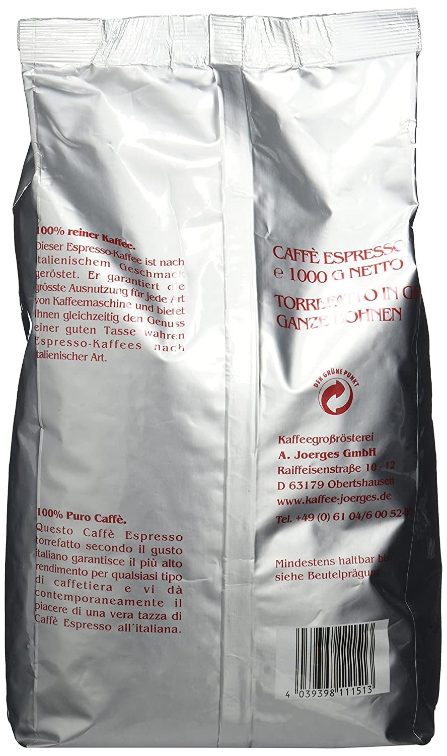 Joerges Kaffee ganze Bohnen Espresso  Bar Crema, 1 kg (Packung mit 2)