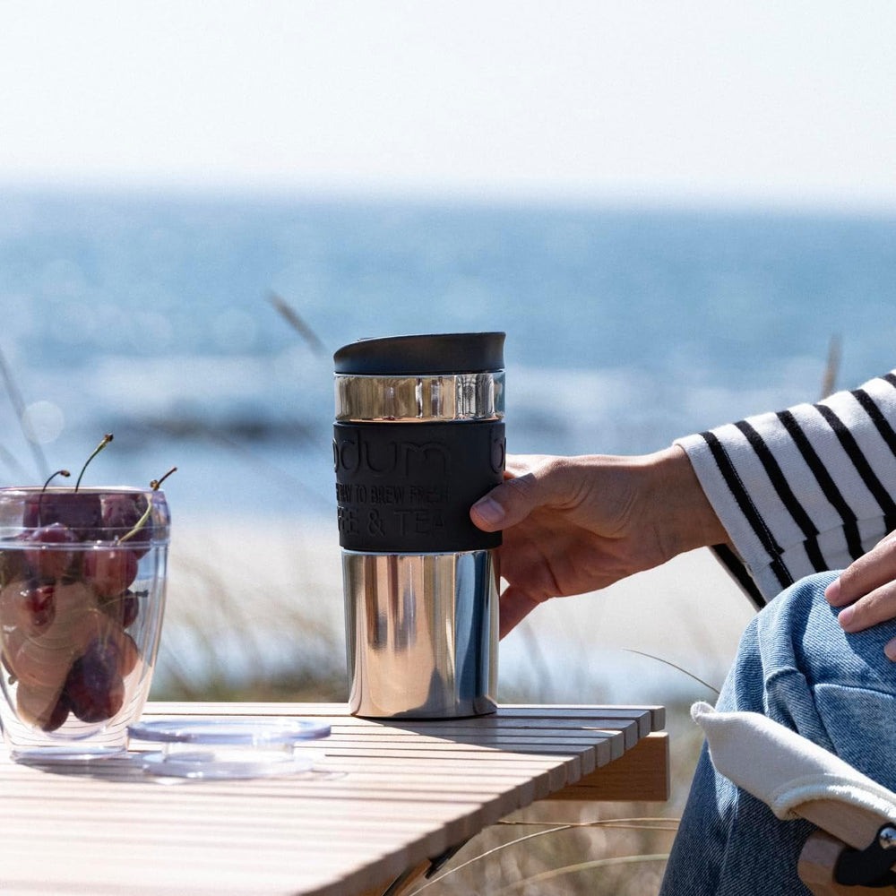 Cafetieră Bodum K11067-01 Travel Press din oțel inoxidabil, neagră, cu capac de schimb, 350 ml