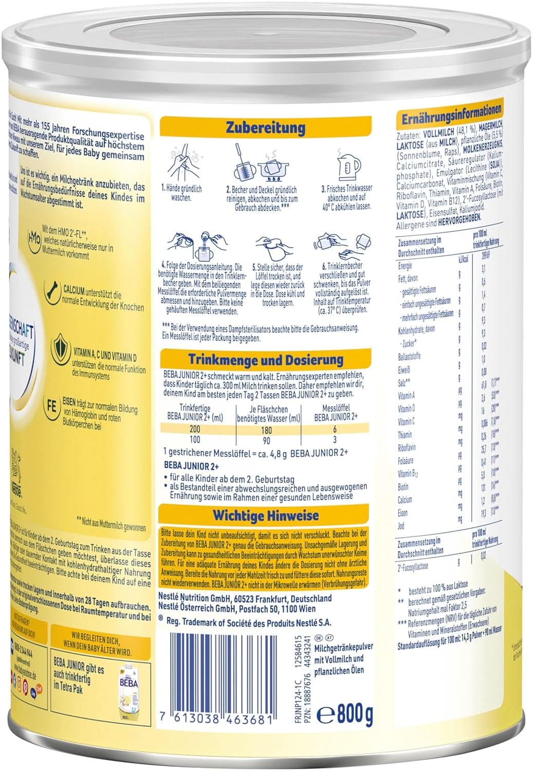 Nestle BEBA Junior 2+, dal 2° compleanno, alimenti per bambini con HMO 2'-FL, solo lattosio, senza olio di palma, confezione 3 (3 x 800 g) Mother and Baby Naty Shop