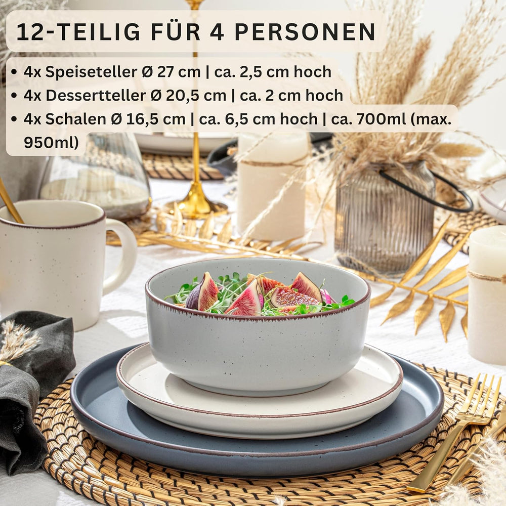 SÄNGER Bombay Moonlight | Set de veselă cu 12 piese, ceramică pentru 4 persoane, 4 farfurii de cină, 4 farfurii de desert, 4 boluri, culori asortate | COLECȚIA VALUE