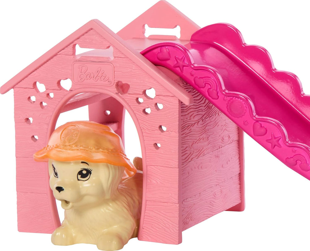 Set de joacă Barbie Puppy Pool Party cu păpușă la modă, căsuță pentru câini și tobogan, piscină în formă de inimă, 2 figurine câini, 6 accesorii și schimbător de culoare, JBF35