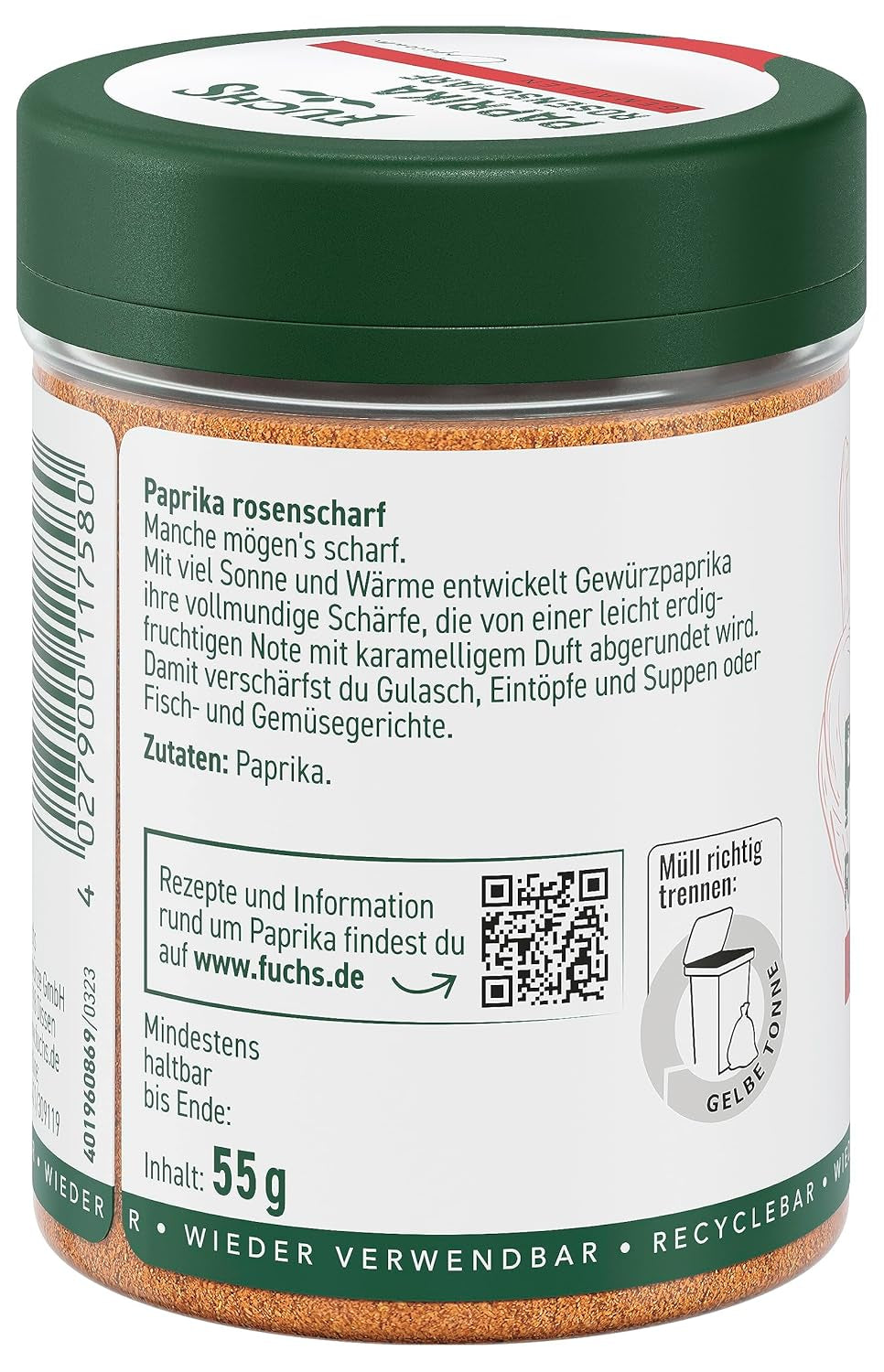 Fuchs Gewürze - Paprika rosenscharf gemahlen - schärfer Gesmack für Gulasch, Eintöpfe oder Gemüsegerichte - ingredienti naturali - 55 g in wiederverwendbarer, recyclebarer Dose
