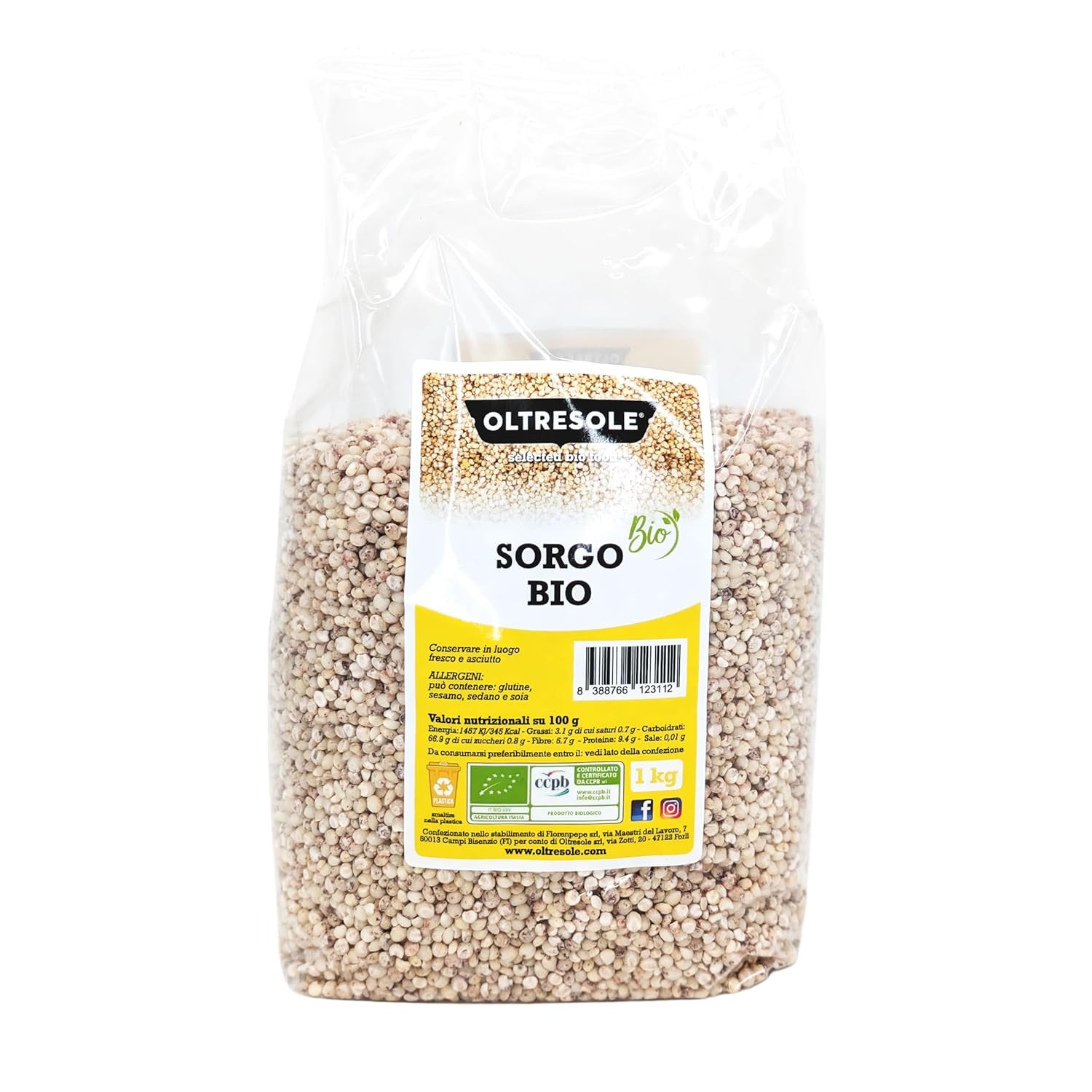 Sorgo bianco biologico, 1 kg, sgusciato, granella cruda, da coltivazione biologica in Italia, confezione ideale per la famiglia