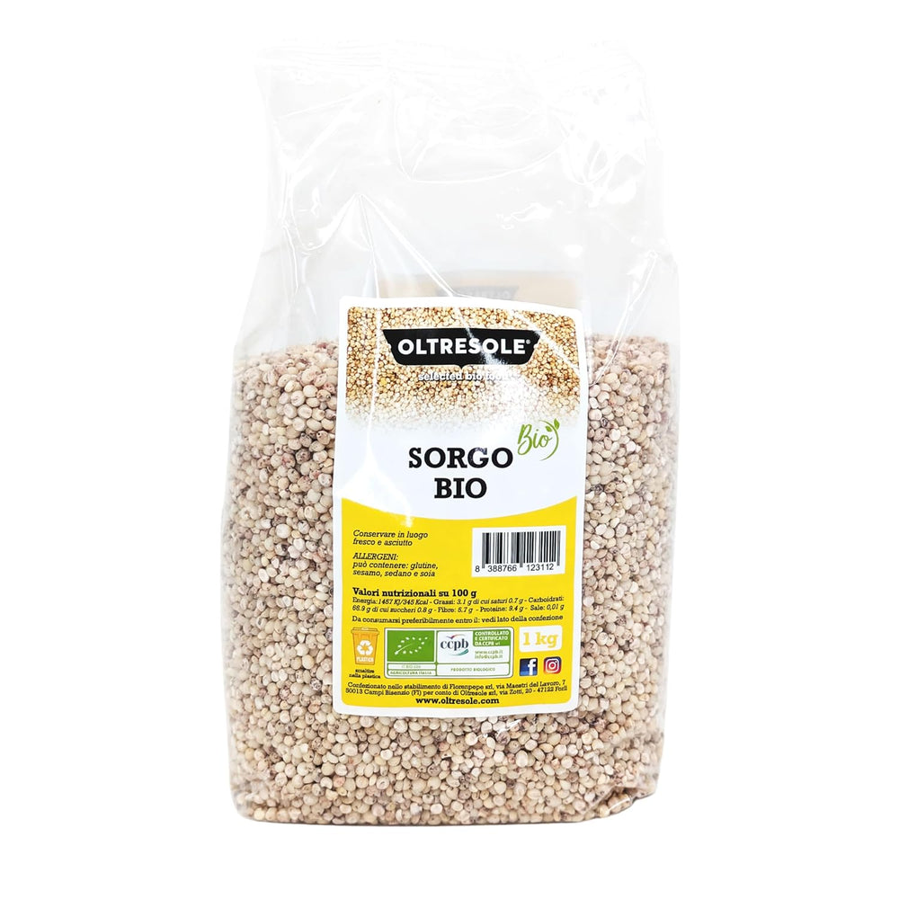 Sorgo bianco biologico, 1 kg, sgusciato, granella cruda, da coltivazione biologica in Italia, confezione ideale per la famiglia