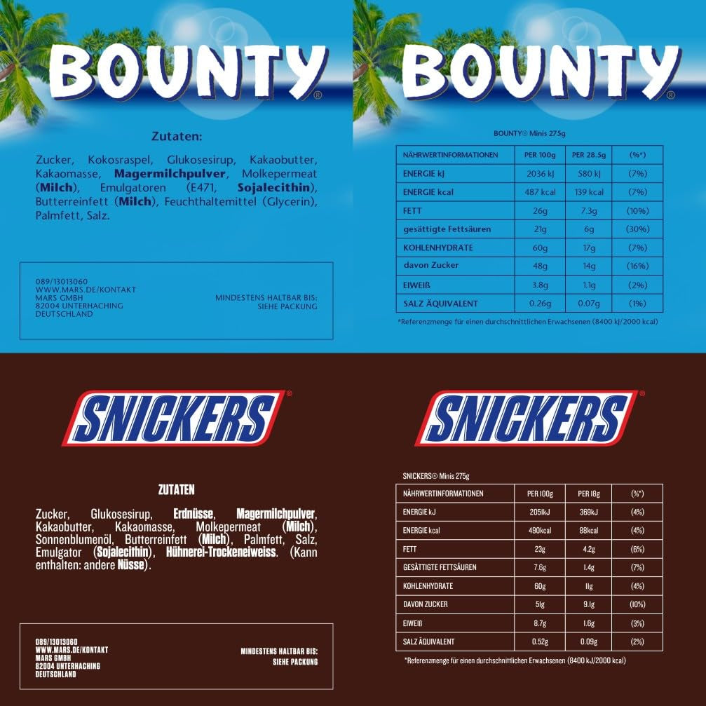 Confezione sfusa di mini cioccolato misto, 20 mini snack al cioccolato (Mars, Snickers, Bounty, Twix, Milky Way), come caramelle, regalo di cioccolato, scatola di caramelle, 400 g