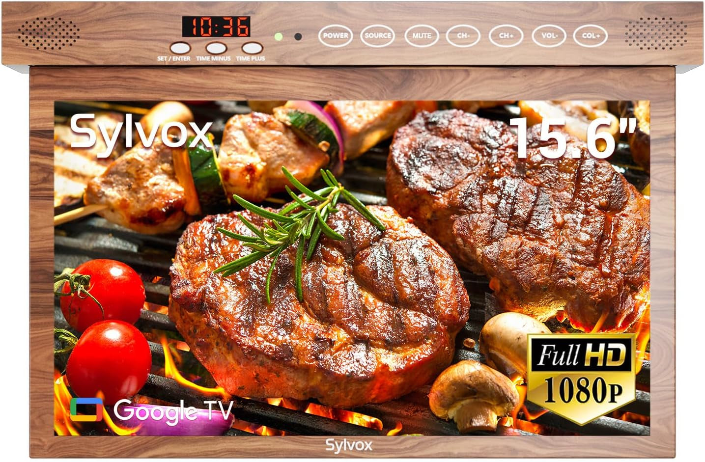 SYLVOX Televizor de bucătărie de 15,6 inci, televizor pliabil pentru bucătărie cu pivotare, suport Google TV WiFi Bluetooth, Smart TV 1080P pentru bucătărie, dormitor, autorulotă, iaht (argintiu)