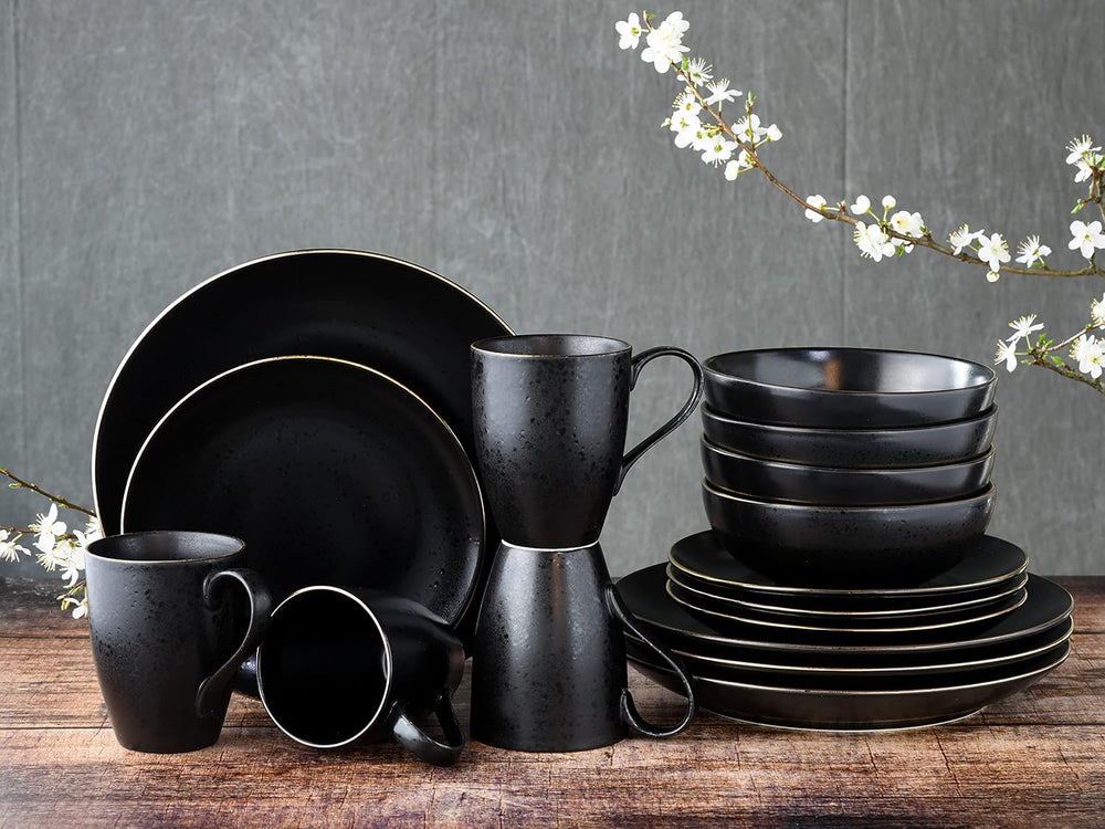 CreaTable, 22699, seria Industrial Gold BLACK, set de veselă cu 16 piese pentru 4 persoane, serviciu combinat din gresie, potrivit pentru mașina de spălat vase și cuptorul cu microunde, producție de calitate