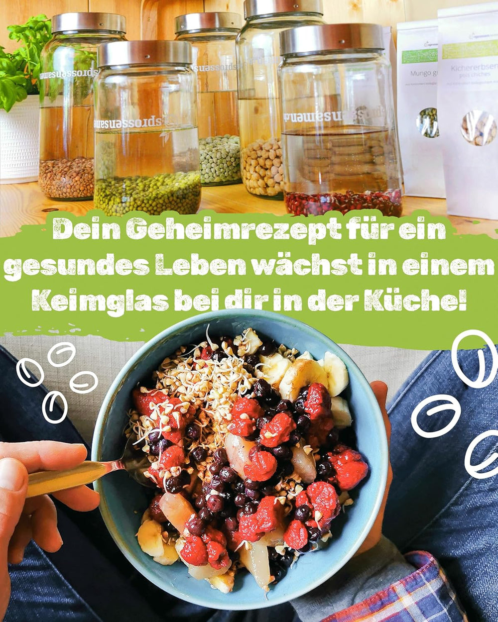 Set di barattoli per la germinazione 3100 ml con set regalo - Organic Fitness Mix, Power Mix e Detox Mix, 75 g ciascuno - Barattolo per la germinazione - incl. coperchio del barattolo, supporto e colino