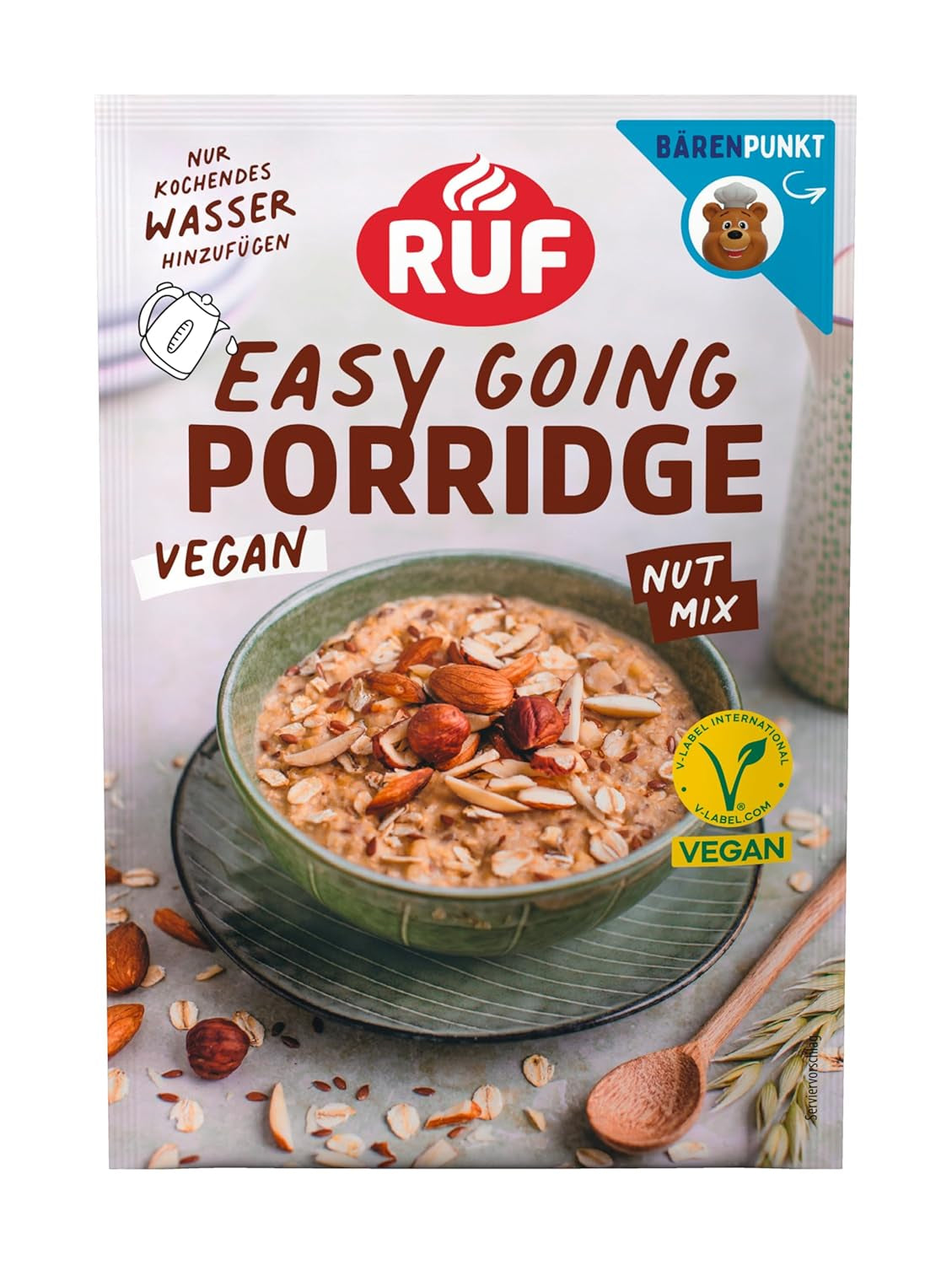 Porridge Vegano RUF con Noci e Avena, fiocchi d'avena con mandorle, nocciole e semi di lino, facile da preparare, nella pratica confezione monoporzione, 1 x 60 g