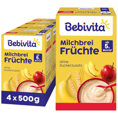 Porridge di latte con frutta (4x500g), a partire da 5 mesi, senza zuccheri aggiunti, con preziosi minerali e vitamine, molto saziante
