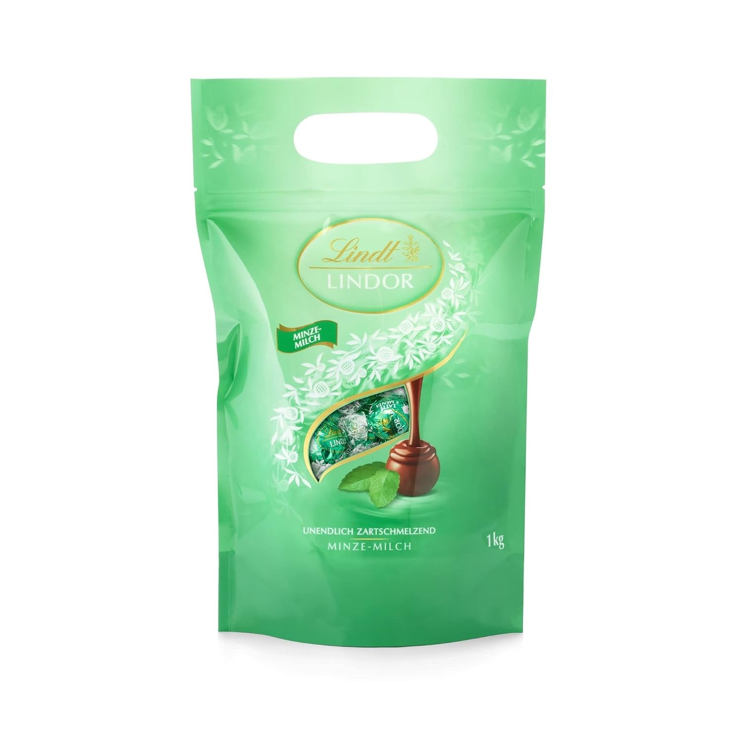 Palline di cioccolato LINDOR | Busta richiudibile da 1 kg | ca. 80 palline di cioccolato al latte con ripieno di menta | Confezione sfusa e palline di cioccolato al caramello salato LINDOR