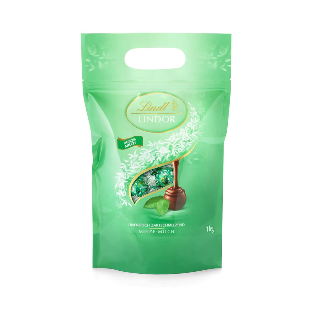 Palline di cioccolato LINDOR | Busta richiudibile da 1 kg | ca. 80 palline di cioccolato al latte con ripieno di menta | Confezione sfusa e palline di cioccolato al caramello salato LINDOR
