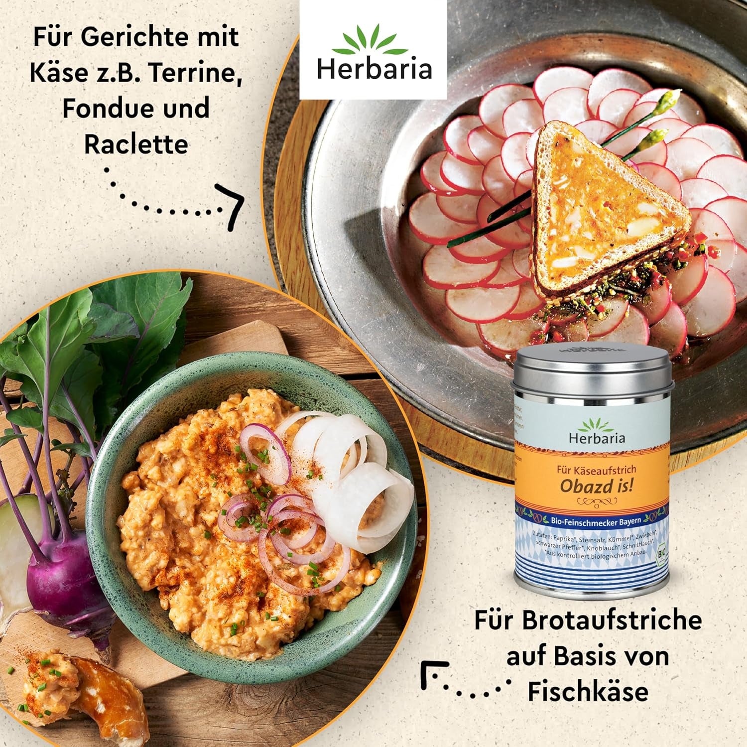 Herbaria Obazd lo è! bio 90g M-Dose – Bio-Gewürzmischung bayerischen Biergartenklassiker Obazda – per Brotaufstriche, Käsegerichte, Käsefondue – Raclette Gewürz - in nachhaltiger Aromaschutz-Dose