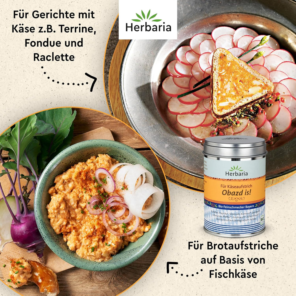 Herbaria Obazd lo è! bio 90g M-Dose – Bio-Gewürzmischung bayerischen Biergartenklassiker Obazda – per Brotaufstriche, Käsegerichte, Käsefondue – Raclette Gewürz - in nachhaltiger Aromaschutz-Dose