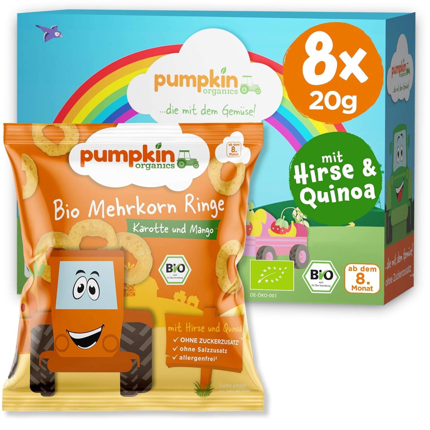 Pumpkin Organics Anelli multicereali per bambini con carota e mango (confezione da 8) Snack per bambini senza additivi a partire dai 12 mesi - Snack croccanti per bambini senza allergeni² e senza glutine³ (8 x 20 g)
