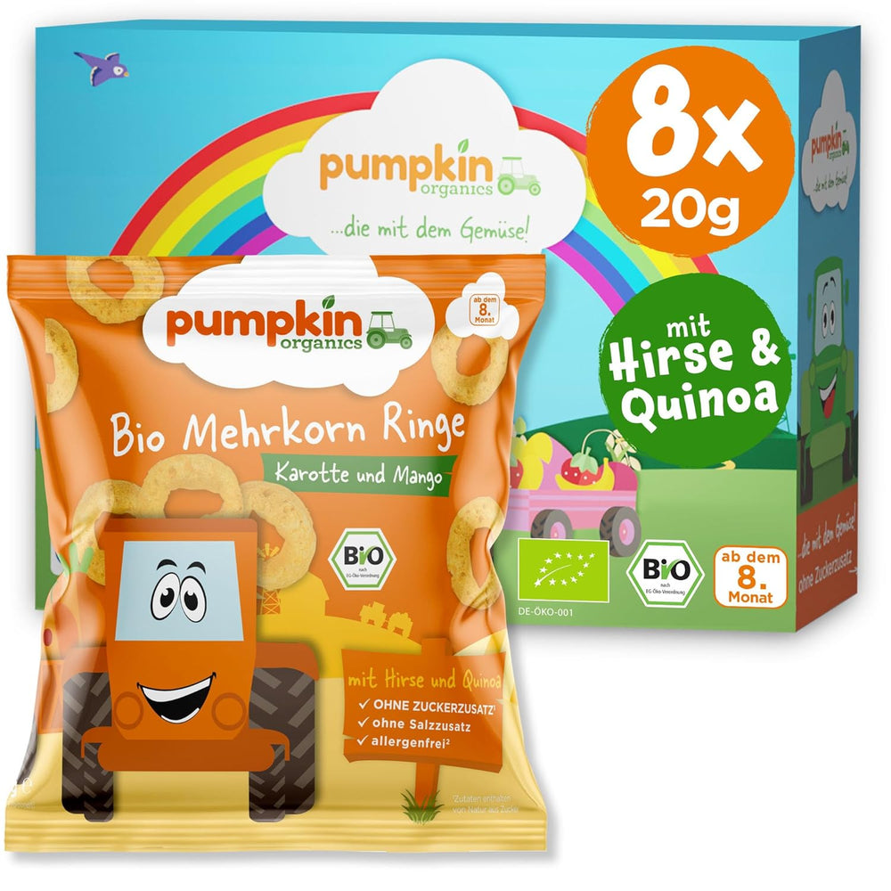 Pumpkin Organics Anelli multicereali per bambini con carota e mango (confezione da 8) Snack per bambini senza additivi a partire dai 12 mesi - Snack croccanti per bambini senza allergeni² e senza glutine³ (8 x 20 g)