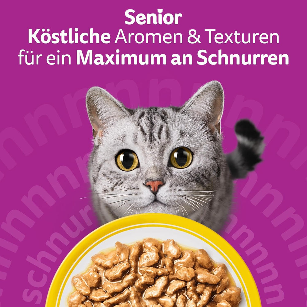 Hrană umedă Whiskas 7+ pentru pisici, selecție de păsări de curte în sos, 24 x 85 g (2 pachete) – Hrană umedă de înaltă calitate, de la 7 ani, în pliculețe cu 48 de porții