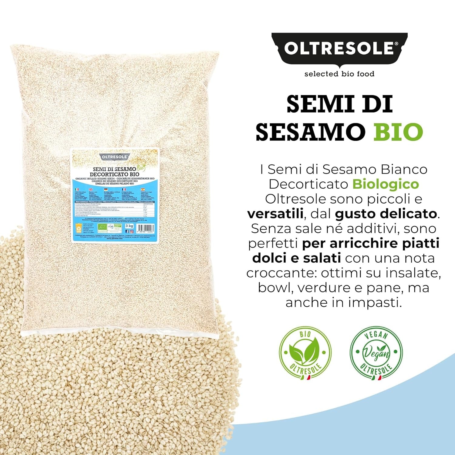 Semi di sesamo biologici 3 kg, semi oleosi biologici crudi, sesamo bianco, decorticato naturalmente, non tostato, fonte di calcio e ferro, confezione economica