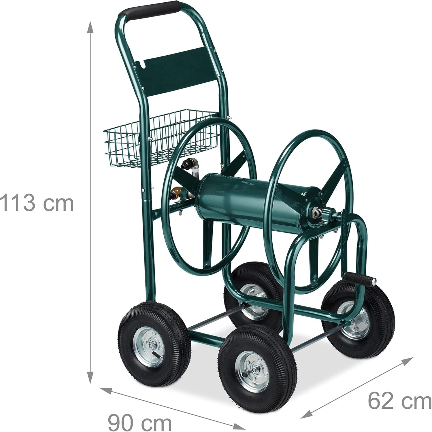 Cărucior furtun Relaxdays, până la 90 m, 4 anvelope pneumatice, cuplaj clic, rolă metalică pentru furtun, distribuitor furtun cu coș, verde