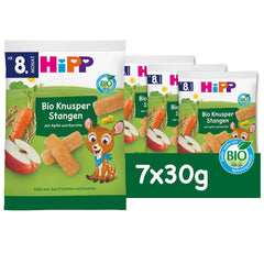 HiPP Bio Knusper Stangen Apple Karotte (7 x 30g), Babysnack ab 8. Monat, Süße nur aus Früchten und Gemüse, glutenfrei, in bester Bio-Qualität