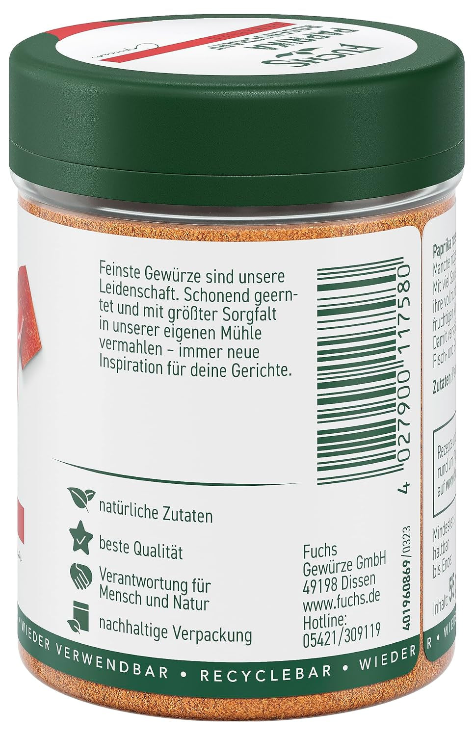 Fuchs Gewürze - Paprika rosenscharf gemahlen - schärfer Gesmack für Gulasch, Eintöpfe oder Gemüsegerichte - ingredienti naturali - 55 g in wiederverwendbarer, recyclebarer Dose