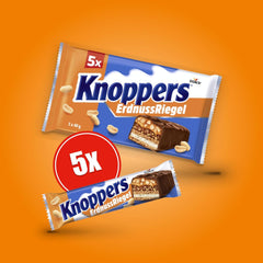 Knoppers Peanut Bar – 1 x 200g (5 barrette) – Barretta di cioccolato al latte con crema di arachidi, arachidi salate tritate, caramello e cioccolato al latte