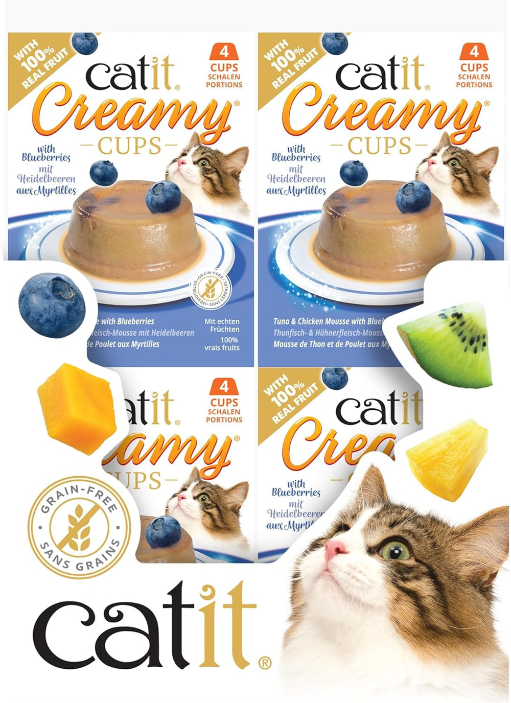 Catit Creamy Cups, Ton și Pui cu Afine, 4x25g