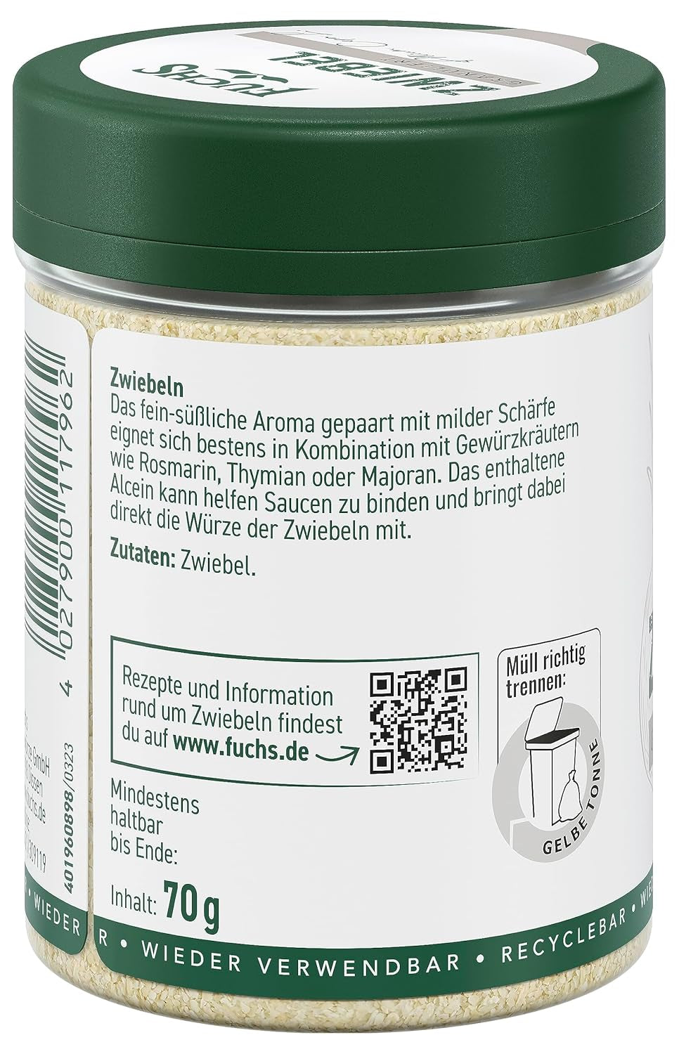 Fuchs Gewürze - Zwiebel granuliert - Gewürz für Saucen oder Nudelgerichte - natural Ingredients - 70 g in wiederverwendbarer, recyclebarer Dose