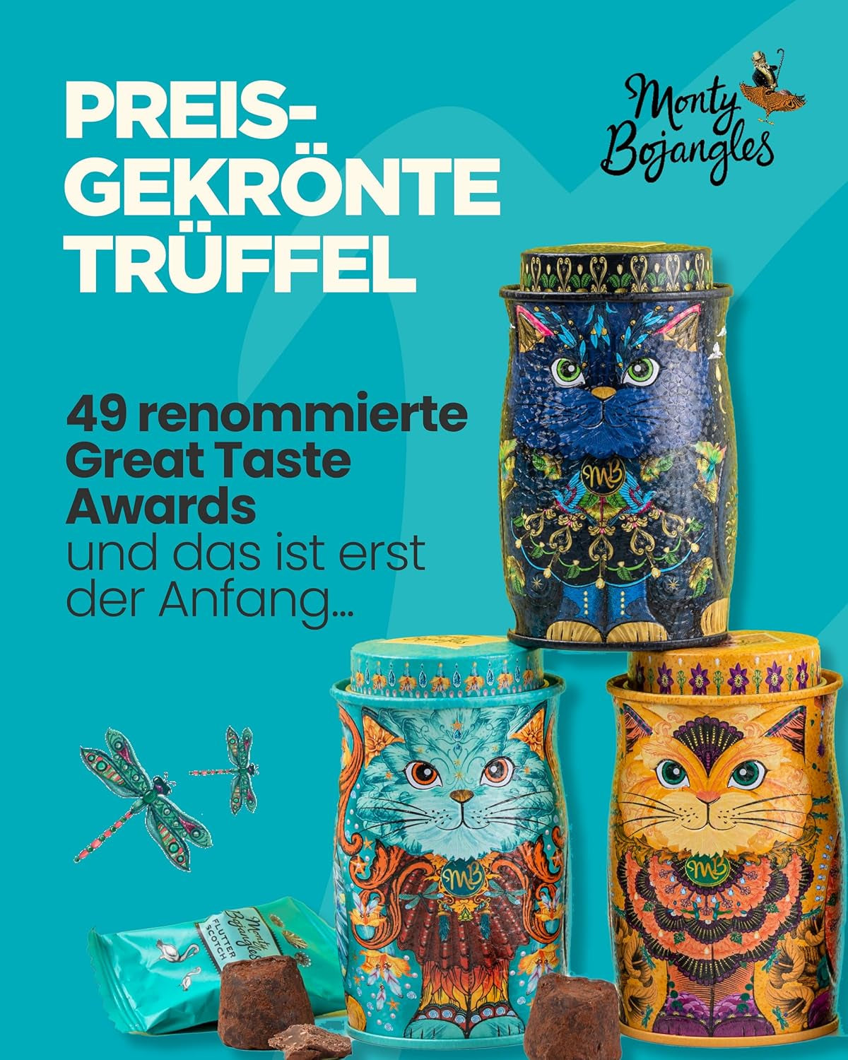 Monty Bojangles Savanna Gold Chocolate Truffles (135g) Set regalo con praline in polvere di cacao in una scatola da collezione dal design individuale con gatti Flutter Scotch Flavor