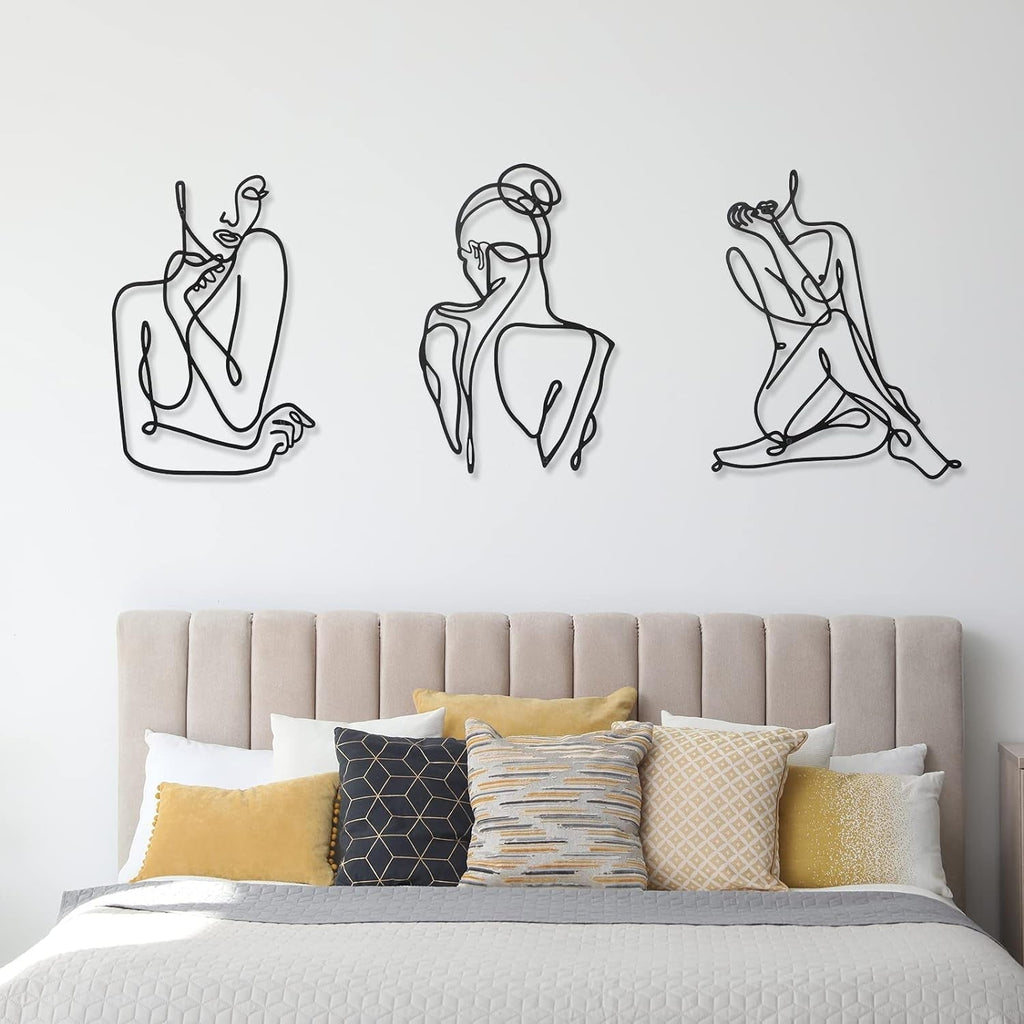 3 bucăți Metal Minimalist Woman Wall Art Deco Modern Metal Abstract Woman Wall Art Female Single Line Line Drawings to Hang for Living Room (negru, modern) Statuete si sculpturi Naty Shop