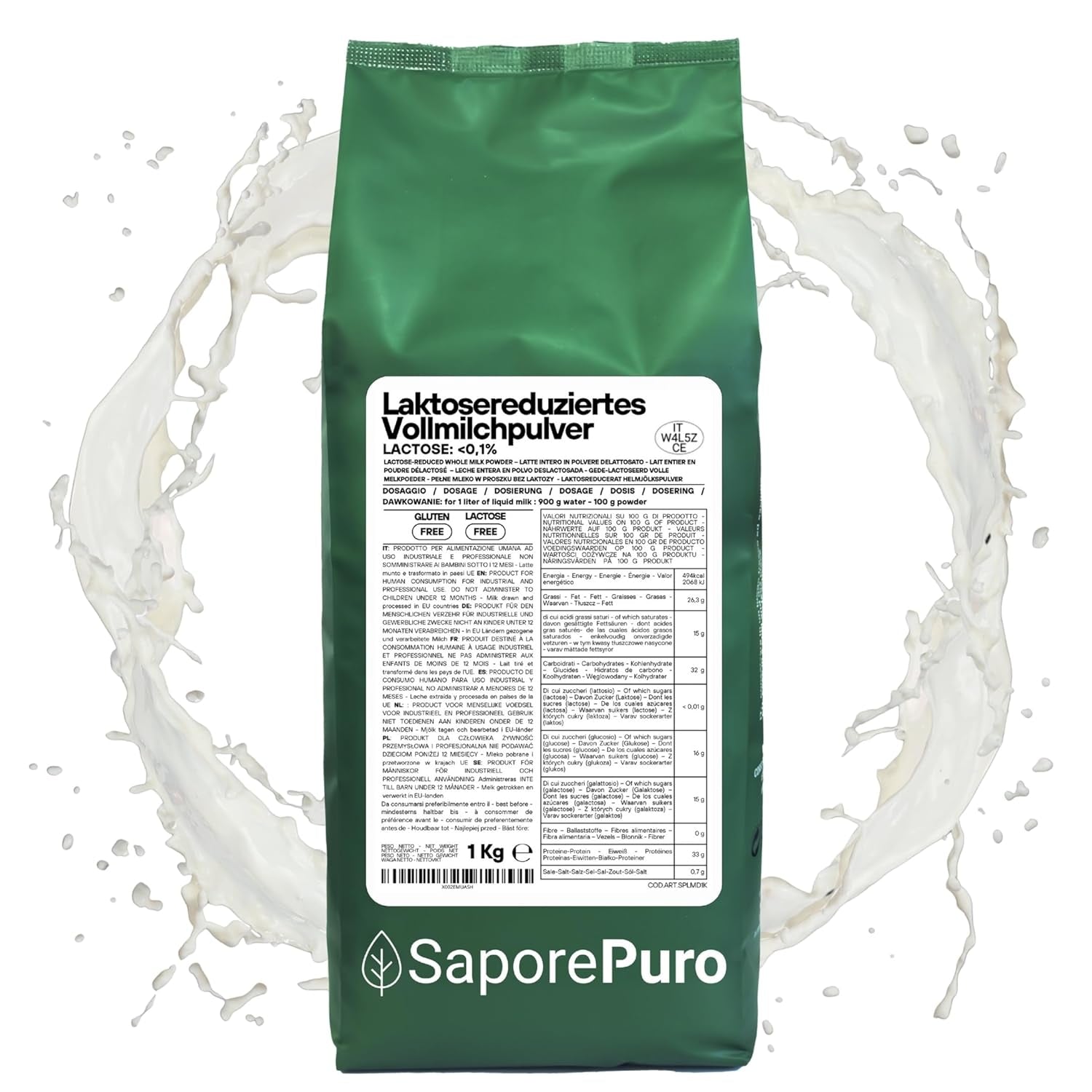 Laktosefreies Vollmilchpulver 1 kg | Hohe Löslichkeit | Ideale per prodotti da forno, pane e alimenti. Uso professionale e industriale Senza lattosio Senza glutine