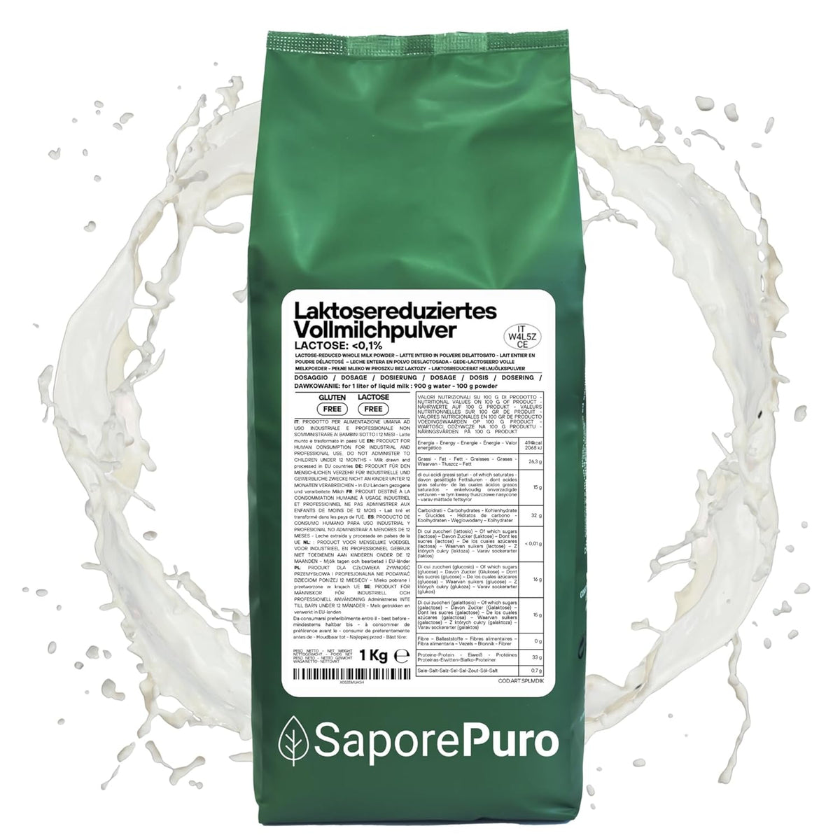 Laktosefreies Vollmilchpulver 1 kg | Hohe Löslichkeit | Ideale per prodotti da forno, pane e alimenti. Uso professionale e industriale Senza lattosio Senza glutine
