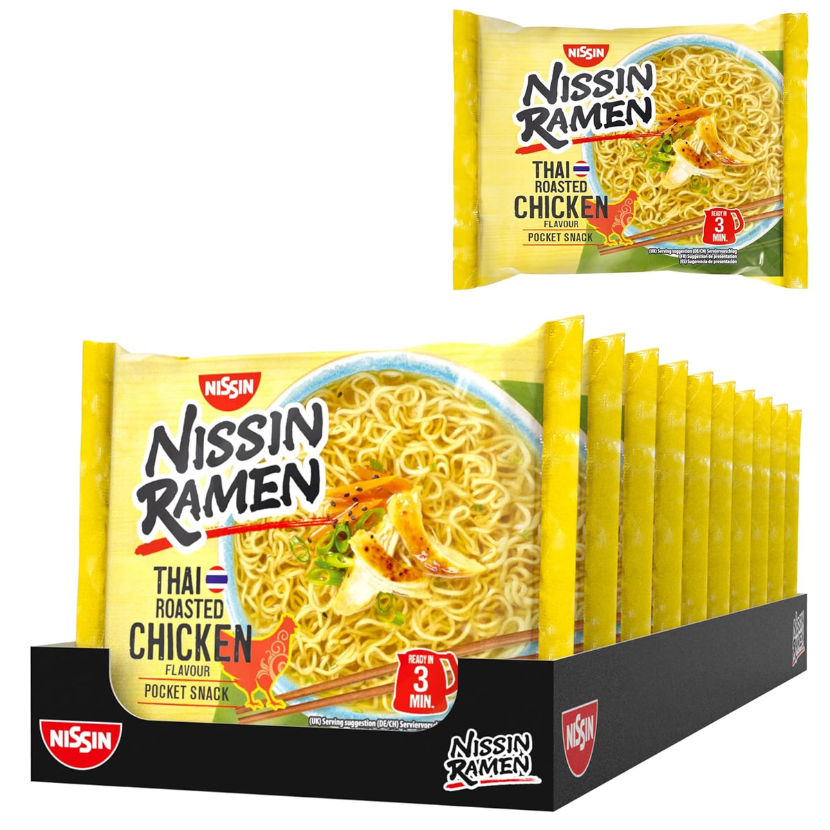 Nissin Ramen - Pollo al forno tailandese Confezione da 10 noodles istantanei in stile asiatico Ricetta tailandese Cibo asiatico facile e veloce (10 x 65 g)