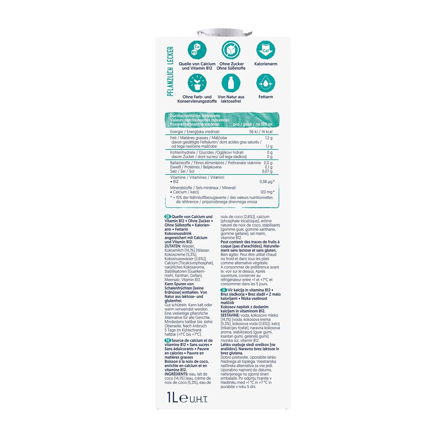 Alpro Kokosnussdrink ohne Zucker – Ohne Süßstoffe – Vegan und milchfrei – Von Natur aus lactosefrei und fettarm – Rich an Calcium und Vitaminen – 8 x 1 L