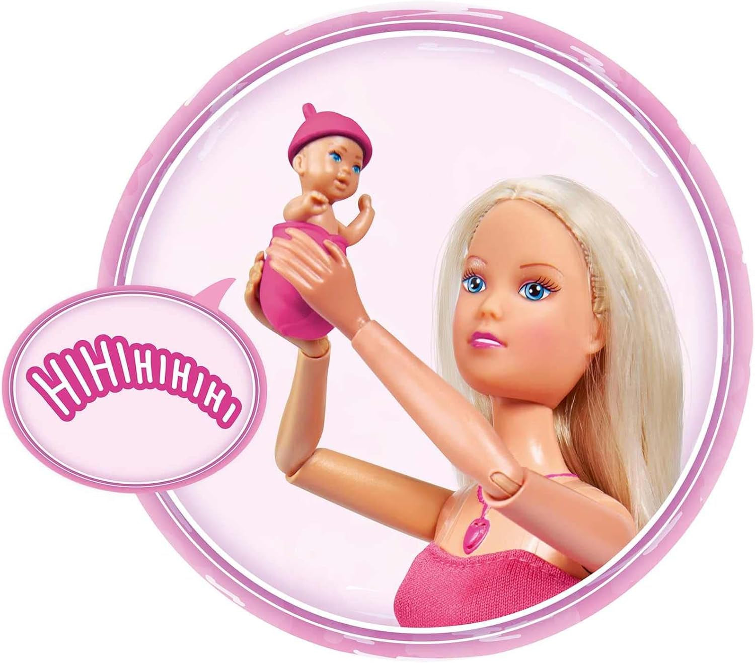 Simba 105733480 - Steffi Love Baby Backpack, păpușă gravidă cu bebeluș și sunete grozave, accesorii pentru bebeluși și suport pentru bebeluși, roz Papusi Naty Shop