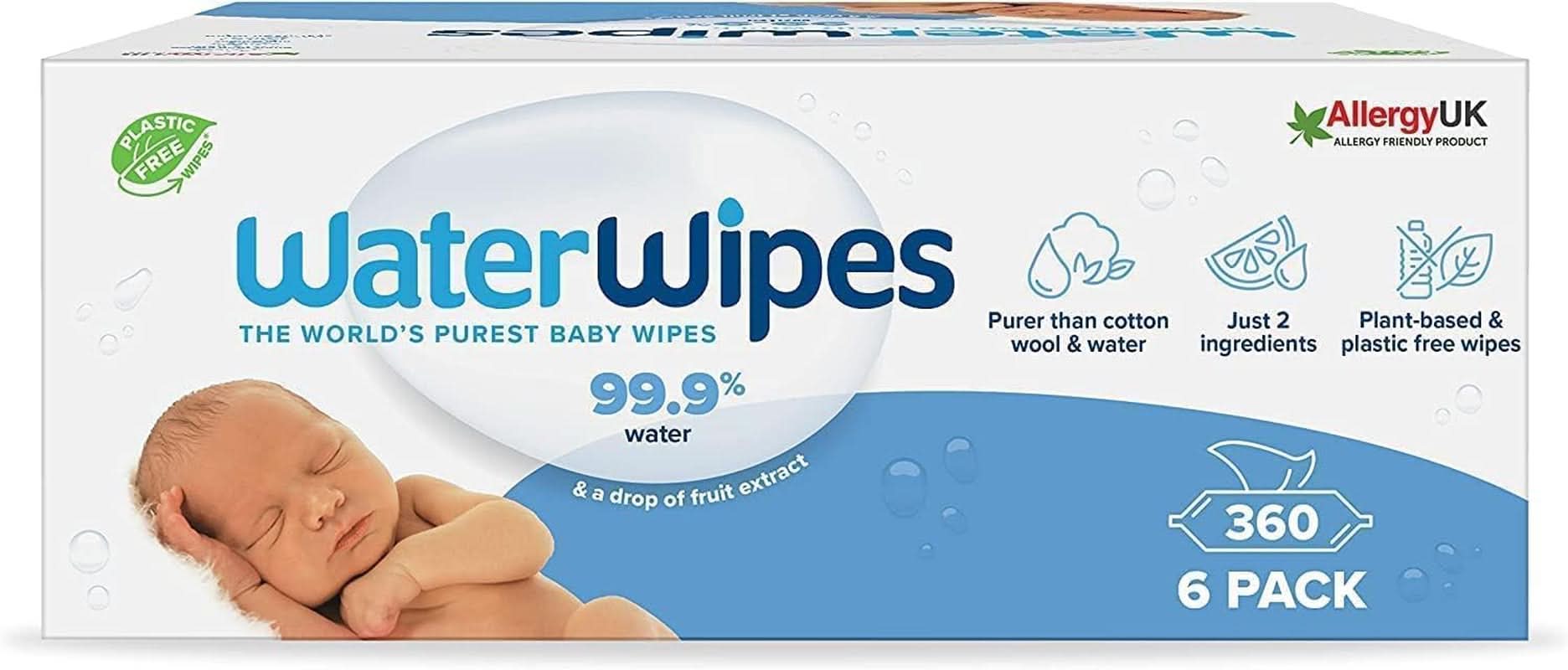 Waterwipes Plastikfreie, Originale Reinigungstücher Für Babys, 540 Stück (9 Packungen), 99,9 % Wasserbasierte Reingugnstücher, Unparfümiert Für Empfindliche Haut Naty Shop 360 Stück (6Er Pack)