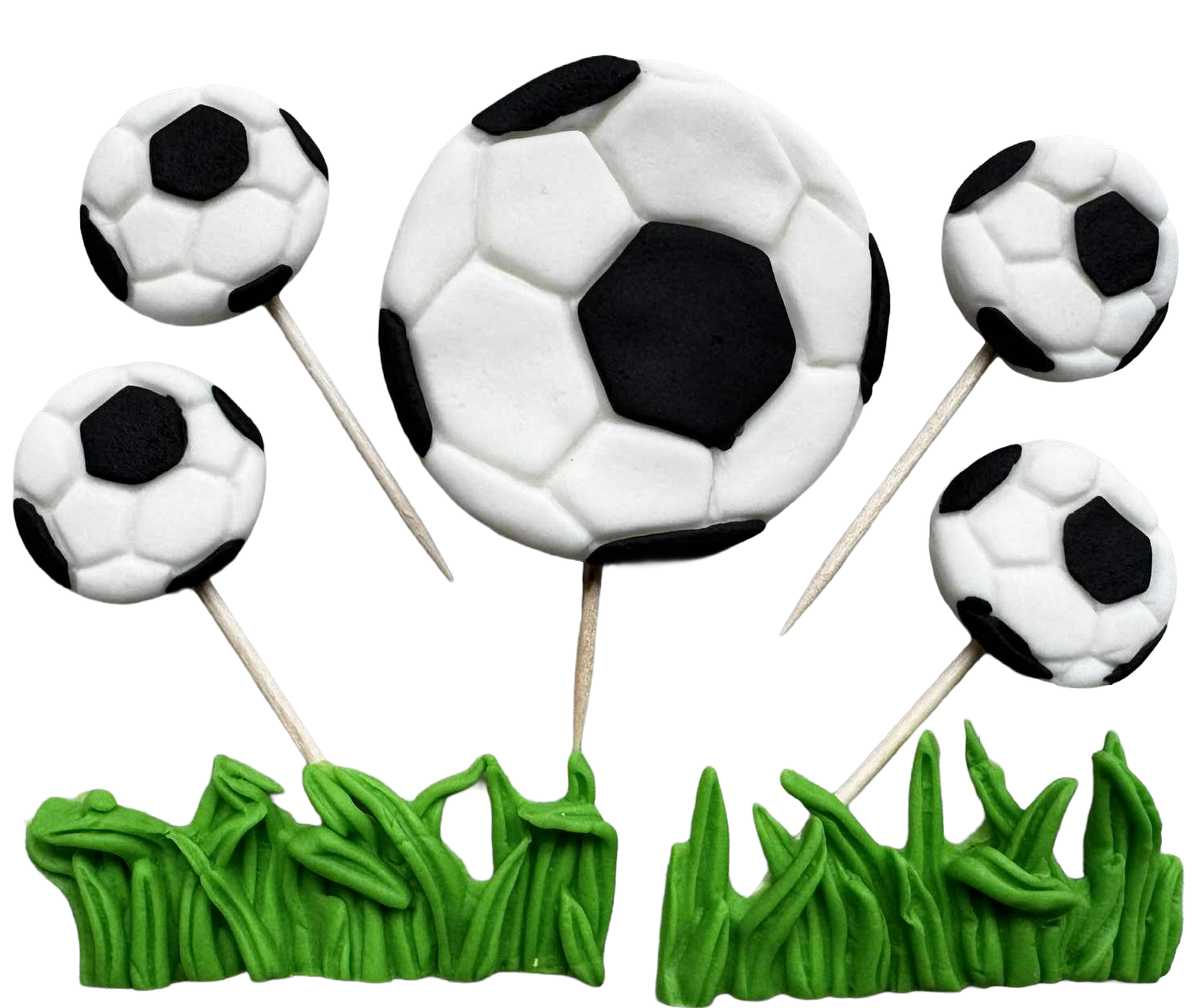 Set calcio da 7 decorazioni commestibili in pasta di zucchero per torte – 2–6 cm